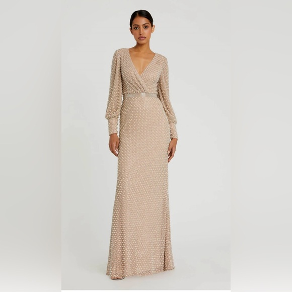 Wrap Over Bishop Sleeve Gown With Pearl Beading Size 10 Color Ivory Nude